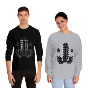 Black and Athletic Heather 12 String Wings Long Sleeve Guitar Shirts