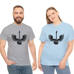 Sport Grey and Light Blue Rock on Wings Electric Guitar Cotton Unisex T-shirts